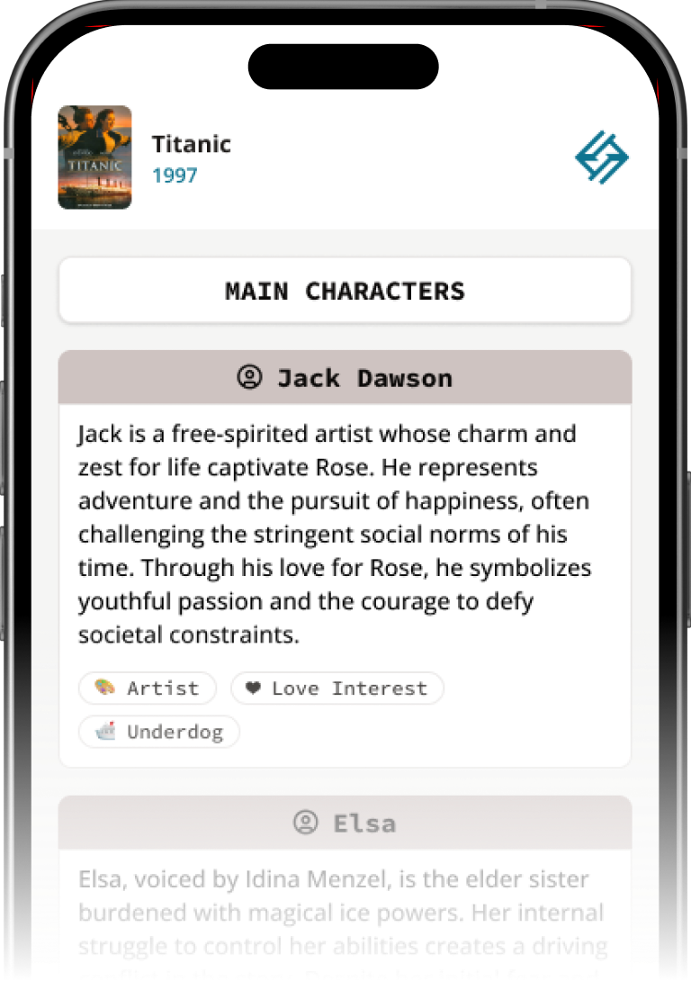 Mobile app preview showing character analysis