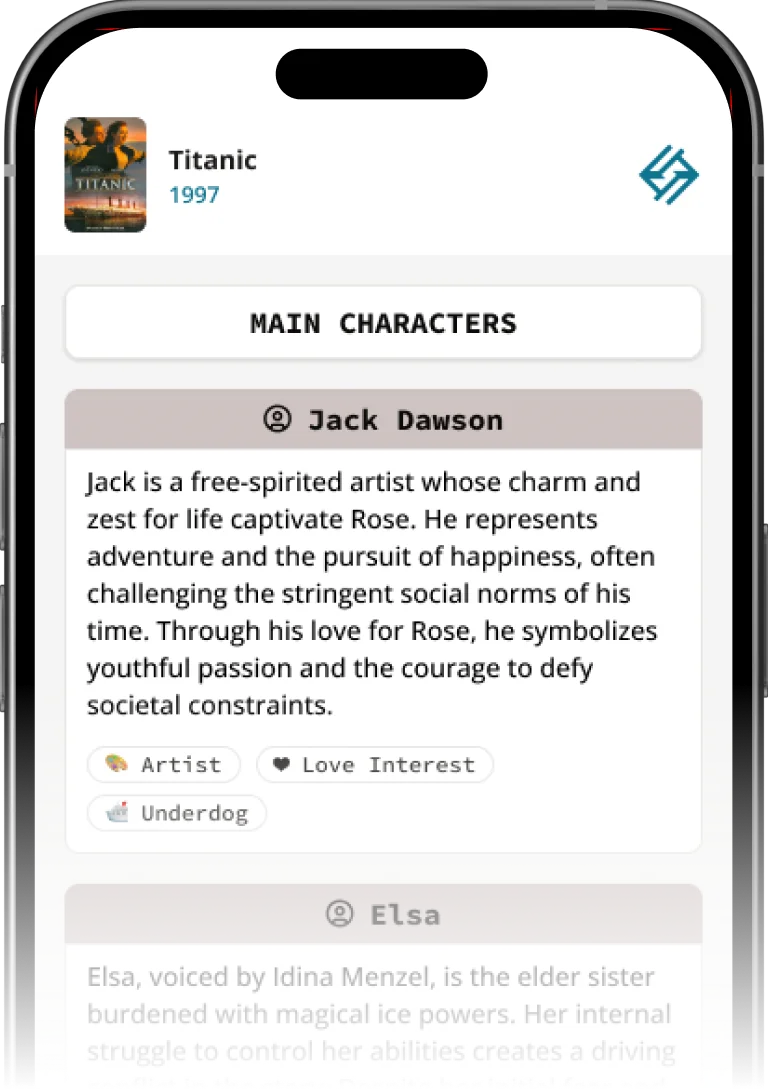 Mobile app preview showing character analysis