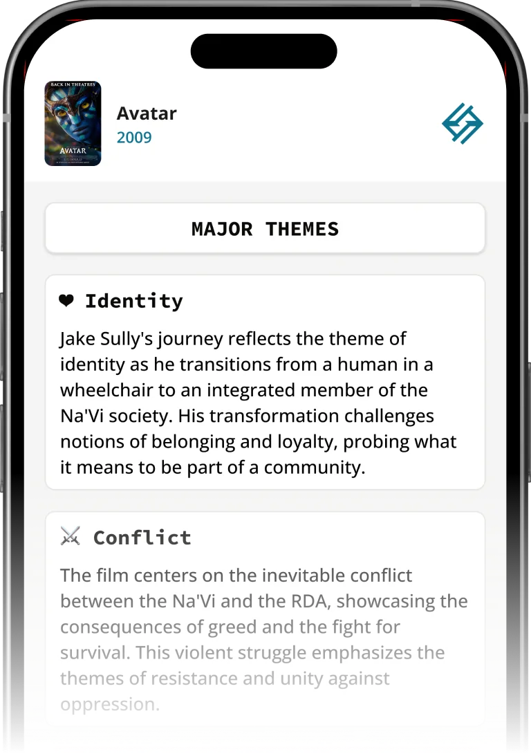 Mobile app preview showing theme analysis